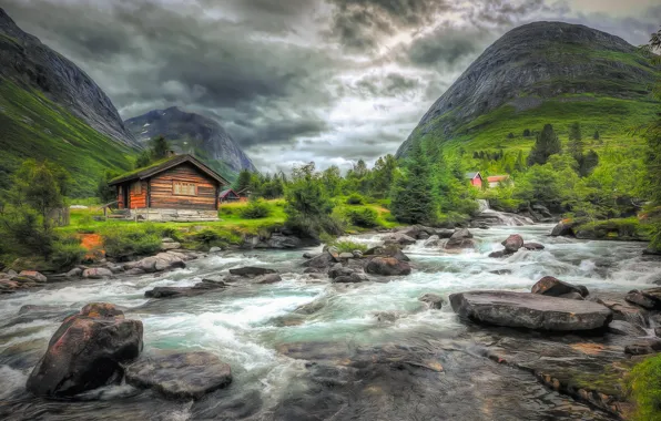 Picture trees, mountains, river, stones, Norway, houses