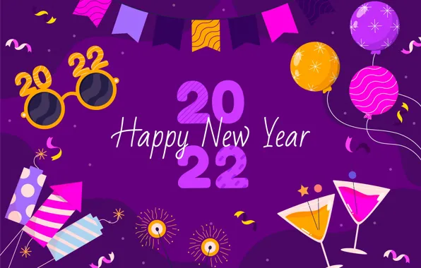 Balls, balloons, figures, New year, fireworks, purple background, 2022