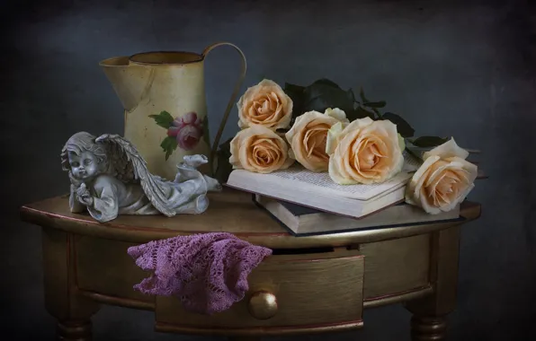 Roses, angel, book, still life