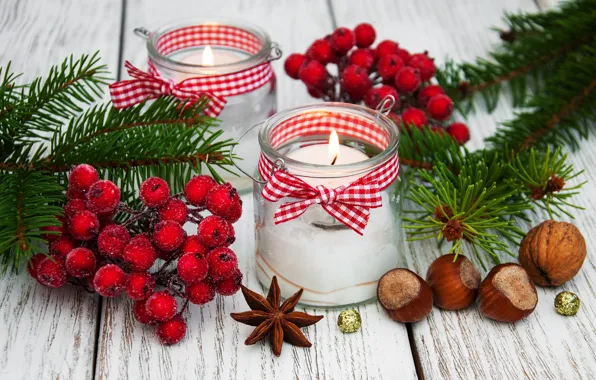 Decoration, candles, New Year, Christmas, christmas, wood, merry, nuts