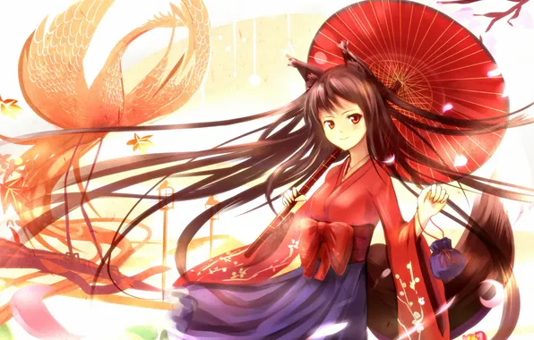 Girl, umbrella, art, Fox, sakura ani