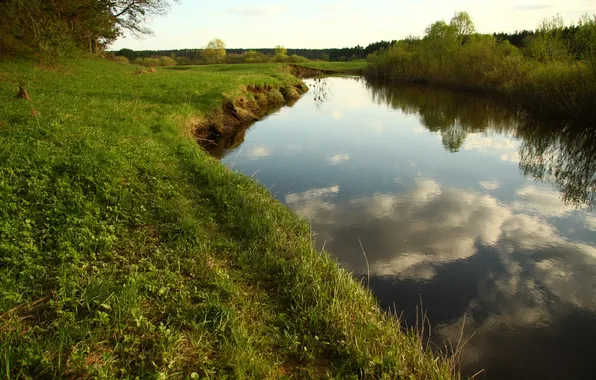 The sky, grass, clouds, landscape, nature, river, stay, walk