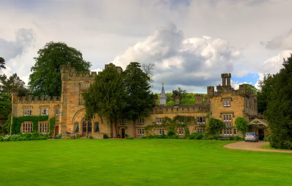Clouds, trees, lawn, UK, the monastery, Hall, Bolton Abbey