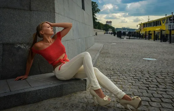 Girl, shoes, brown hair, white, jacket, the sidewalk, sitting, red