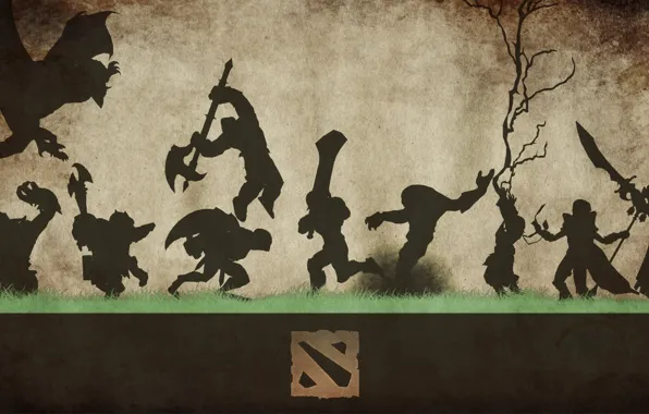 Picture grass, weapons, background, logo, silhouettes, figure, characters, Dota 2