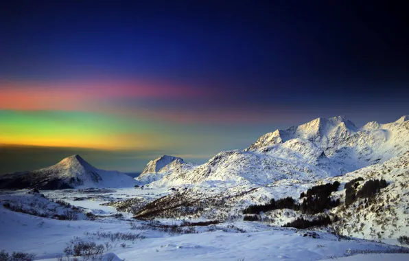 Winter, the sky, snow, mountains, Northern lights