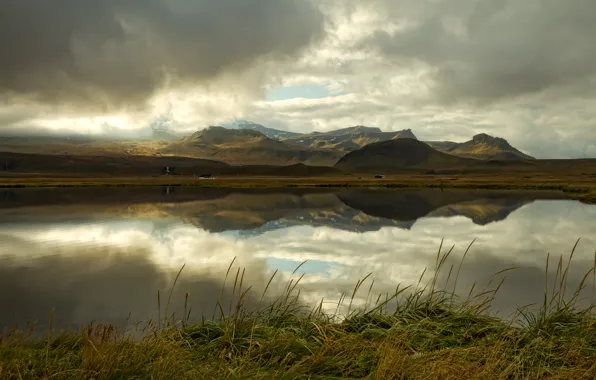 Picture mountains, clouds, lake, reflection, Iceland