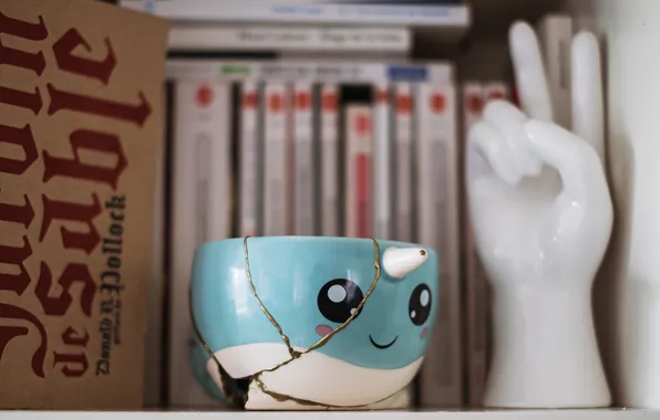 Books, hand, Cup, Kintsugi