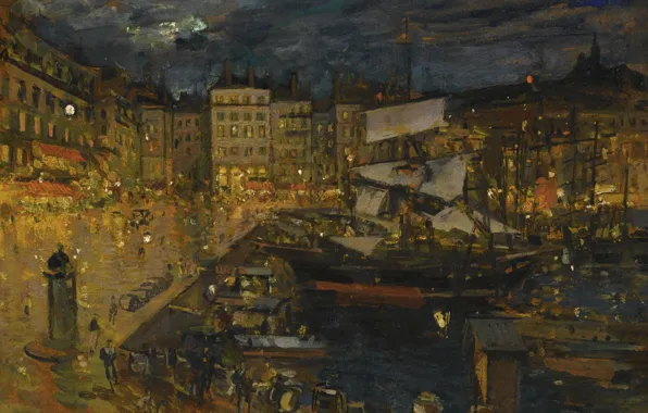 Picture night, lights, ship, home, picture, pier, sail, promenade