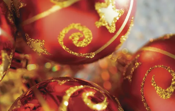 Balls, decoration, red, holiday, new year, gold plated, blurry, Christmas decorations