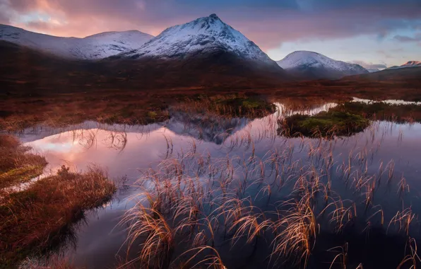 Winter, the sky, grass, clouds, mountains, the evening, Scotland, lake