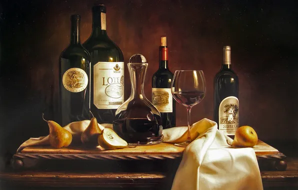 Table, wine, figure, picture, still life, reproduction, pear, tablecloth