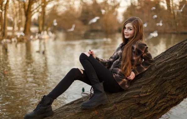 Water, girl, smile, pond, tree, mood, sweetheart, street