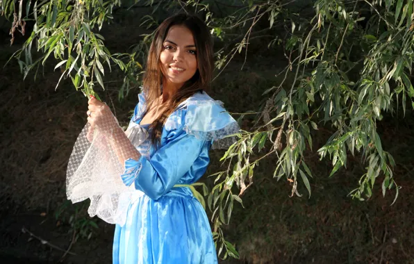 Leaves, girl, branches, nature, smile, dress, brown hair