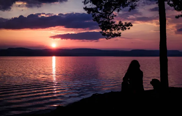 The sky, water, girl, the sun, clouds, sunset, mountains, branches