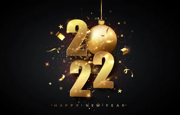 Gold, New year, golden, black background, new year, happy, decoration, 2022