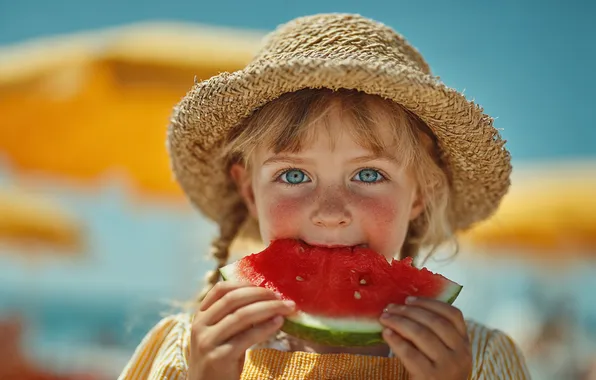 Summer, the sky, light, blue, portrait, watermelon, blonde, girl