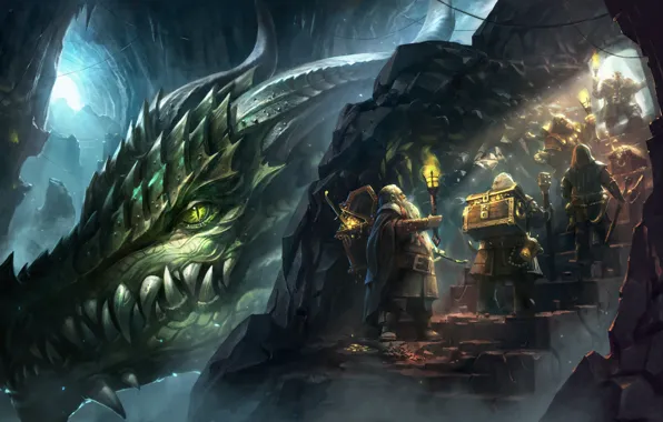 Picture gold, dragon, mountain, fantasy, art, dwarves, torch, den