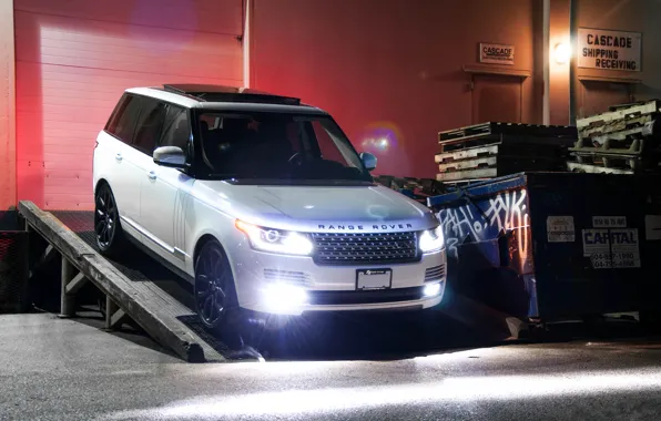 White, night, the building, white, front view, range rover, headlights, range Rover