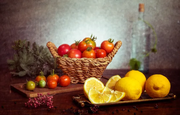 Leaves, berries, table, Board, bottle, treatment, texture, fruit