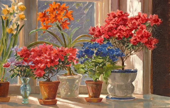Picture flowers, window, vase, sill, pots, Watercolor, Olga Kulikovskaya-Romanova