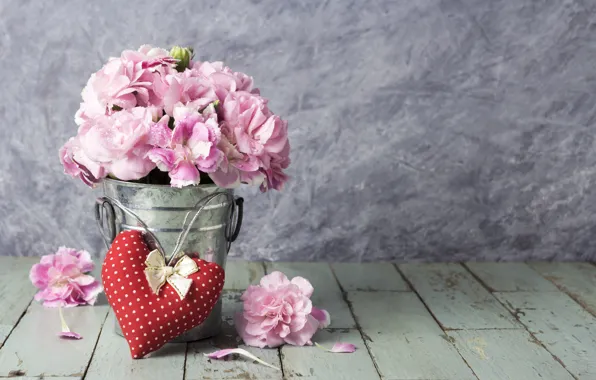 Picture love, flowers, heart, petals, bucket, love, pink, vintage