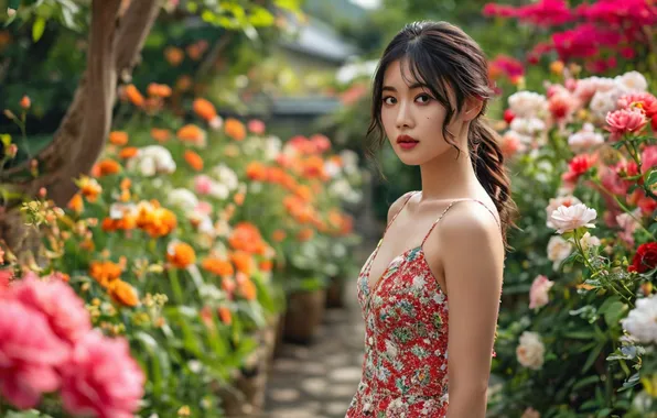 Flowers, garden, Asian, cutie, asian, digital art, digital art, cutie
