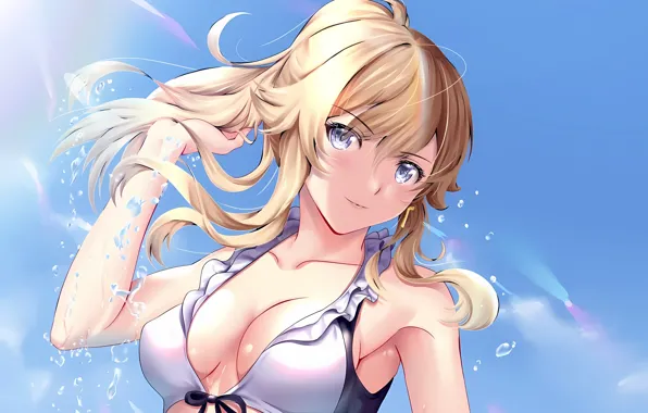 Girl, sexy, cleavage, blouse, sky, long hair, boobs, anime