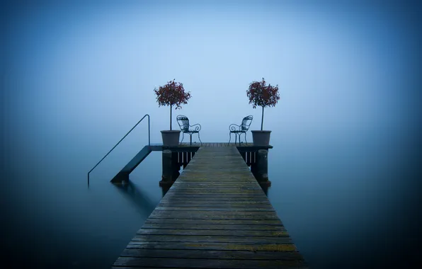 Bridge, lake, Paradise, chairs