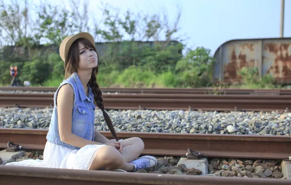 Girl, pose, railroad