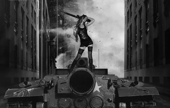 Girl, weapons, tank