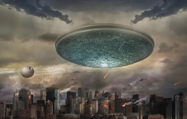 The city, UFO, spaceship, flying saucer, visit, AI art, neural network, the art of artificial …