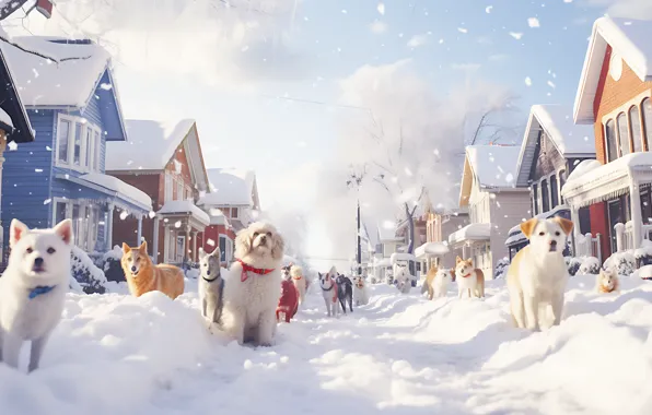 Winter, frost, road, dogs, the sky, snow, street, home