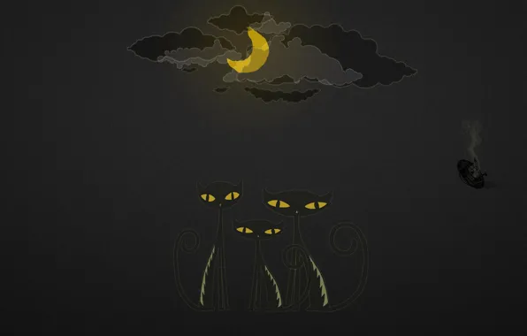 Clouds, night, the moon, UFO, Cats