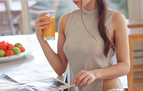 Chest, glass, model, Breakfast, juice, girl, journal, model