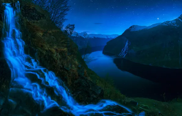 Picture stars, mountains, night, river, waterfall, Norway, house, fjord