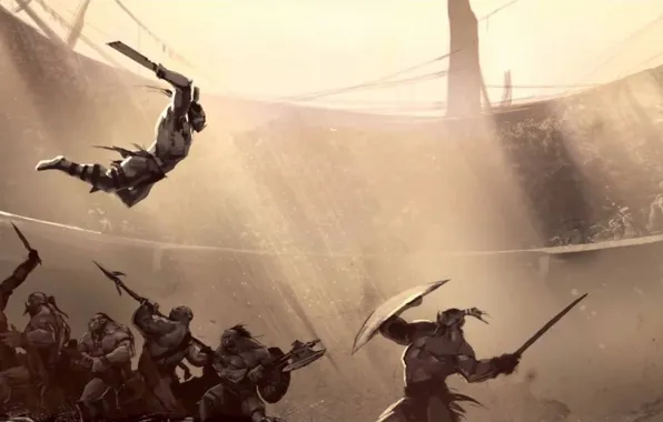 Fantasy, sword, battle, warrior, art, armor, axe, arena