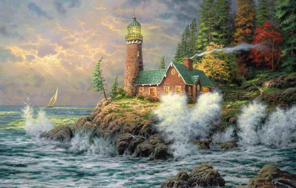 Sea, lighthouse, picture, painting, thomas kinkade