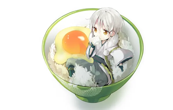 White background, figure, bowl, scrambled eggs, Japanese clothing, yellow eyes, bowl, touken ranbu