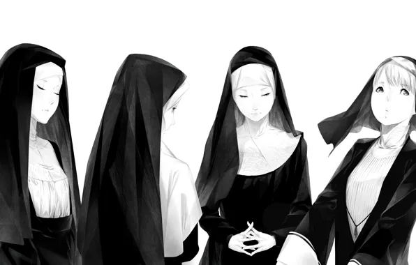 Picture white, girls, black, art, Sawasawa, nuns