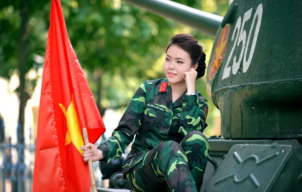 Flag, tank, Asian, military uniform, Vietnam, girl, Vietnamese