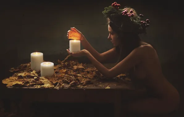 Girl, Chest, Candles, Model, Face, Decoration, Brunette, Naked