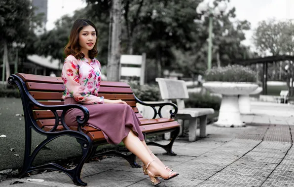 Look, girl, skirt, blouse, Asian, bench
