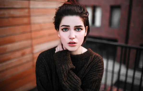 Picture look, girl, portrait, makeup, hairstyle, balcony, brown hair, cute