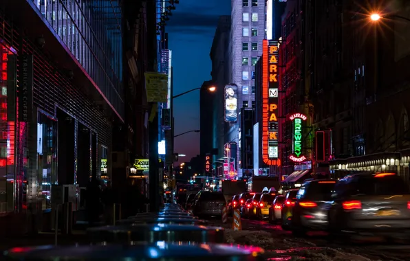 Road, machine, night, the city, lights, glare, lights, home