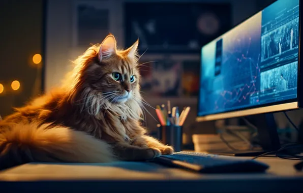 Cat, computer, cat, look, pose, table, red, keyboard