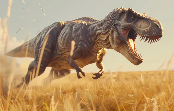 Picture Grass, Teeth, Predator, Dinosaur, Animal, Digital art, Tyrannosaurus, Grin