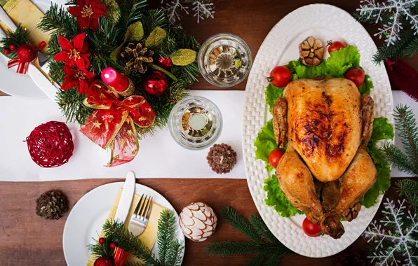 Balls, snowflakes, table, candle, chicken, glasses, Christmas, knife