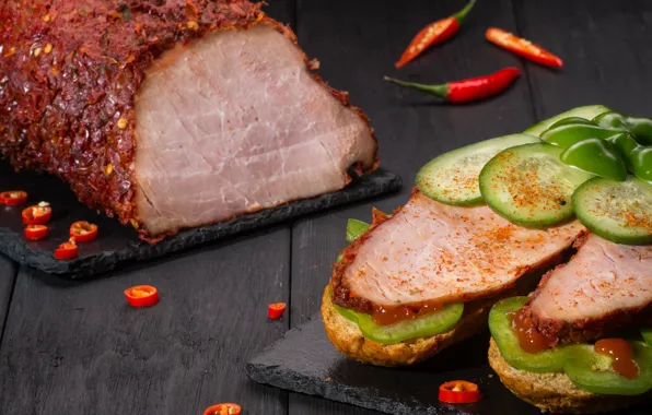 Cucumber, meat, sandwich, spices, ham