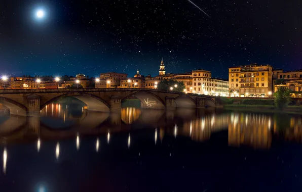 The sky, stars, night, bridge, the city, lights, reflection, river